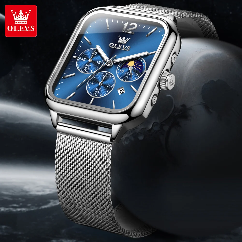 OLEVS 9914 Orologio da uomo al quarzo Orologio da polso multifunzionale con nastro sportivo quadrato Blet Orologio da uomo Luna 30m Scatola luminosa impermeabile regalo