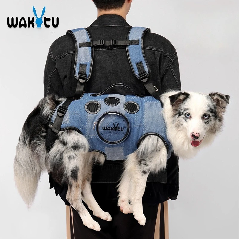 

Wakytu Small Medium Large Dog Travel Backpack Blue Denim Riding Portable Artifact Double Shoulder Cross Back Pet Strap Bag