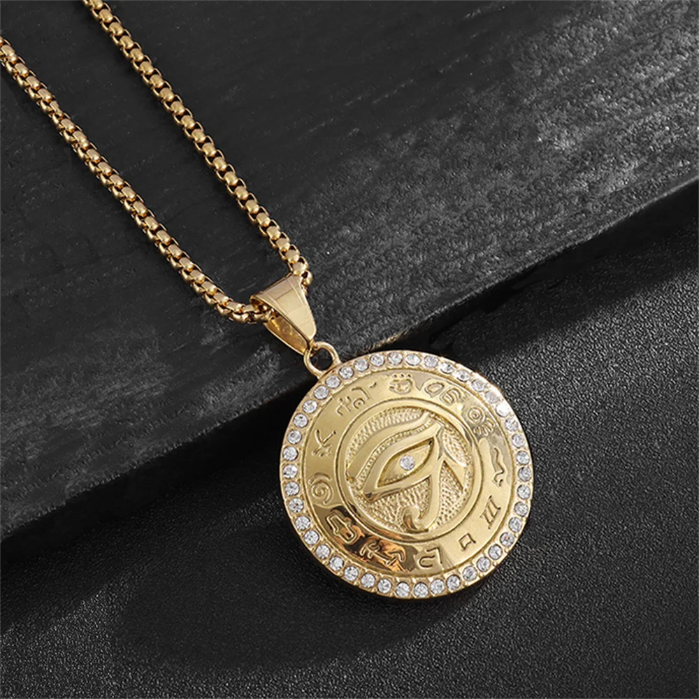 مصر القديمة عين حورس قلادة الذهب الذكور اللون الفولاذ المقاوم للصدأ الزركون قلادة مستديرة للرجال المجوهرات المصرية هدية 2025