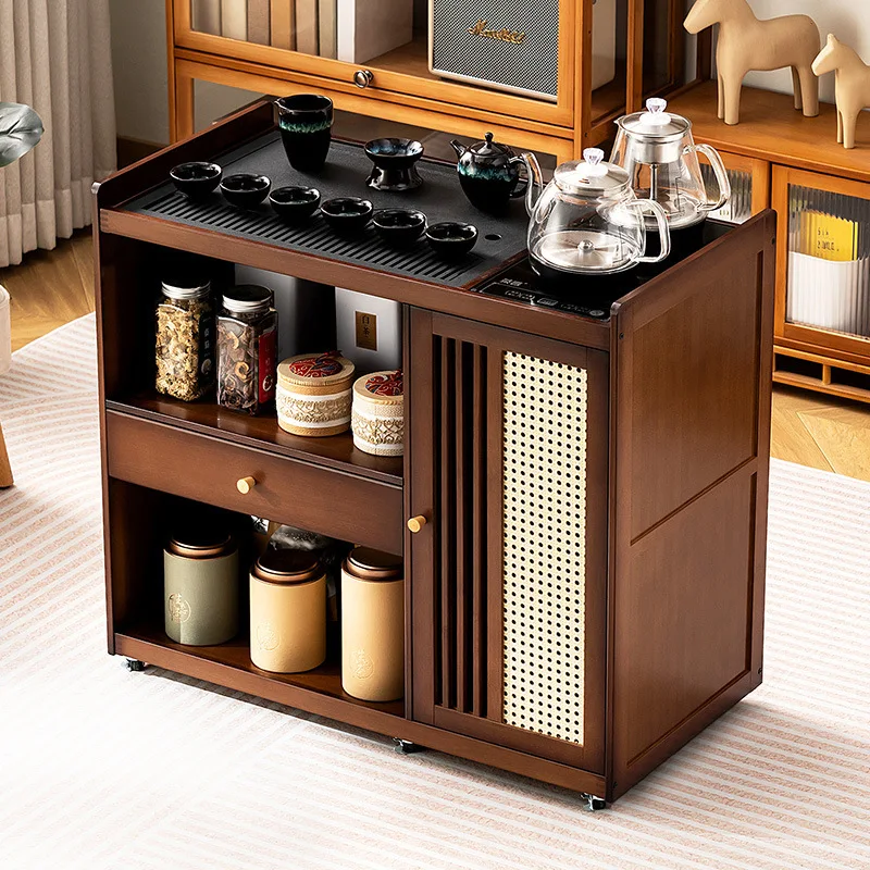 MobileSmall t Kettle integrated  cabinet Solid wood coffee table Tea cart Brewing view 2