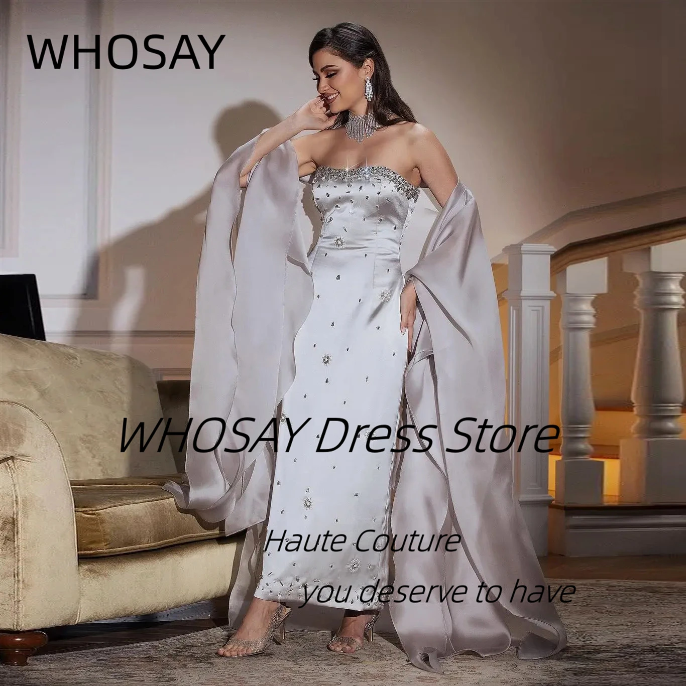 

WHOSAY Customized Beaded Ankle Length Prom Dresses Sweetheart Long Dustcoat Evening Party Dress Sexy Back Vestidos De Noches