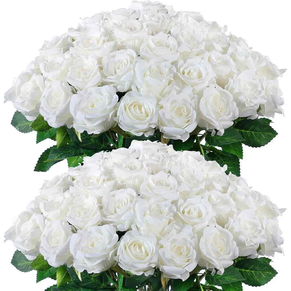 60 Pcs Artificial White Roses Realistic Faux Silk Flower Stems Bouquet for Wedding Centerpieces Party Home Decoration