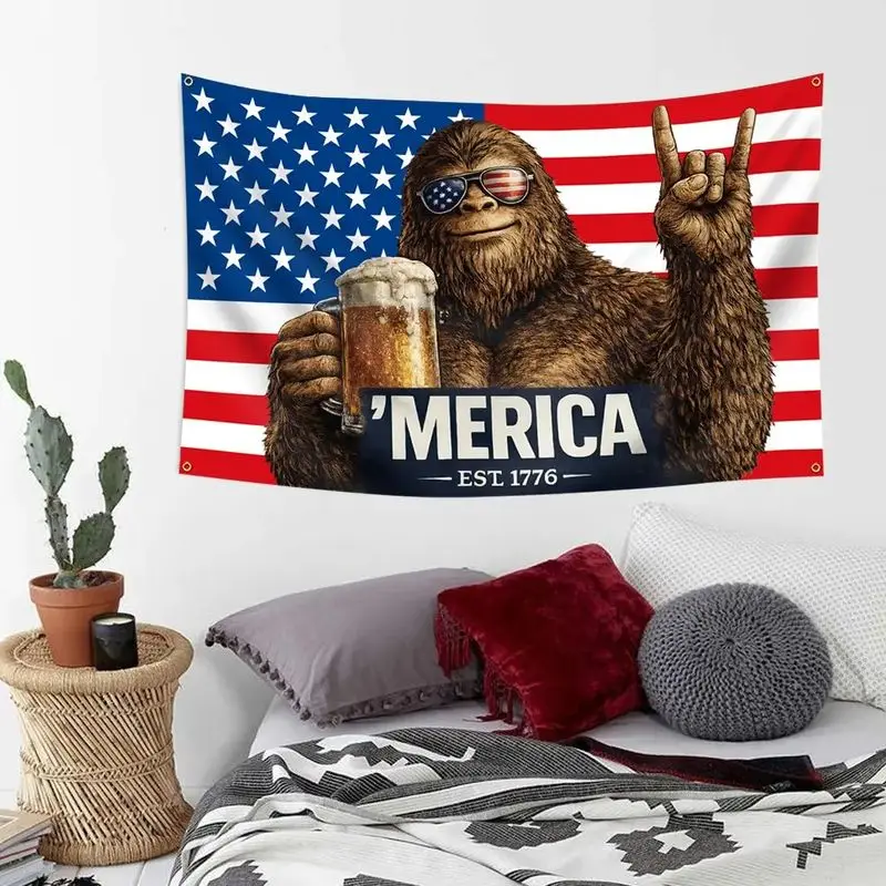 VIKAMA Bigfoot American Flag Beer Wide Tapestry Wall Hanging for Room Wall Art Cozy Aesthetic Retro Stylish Home Decor