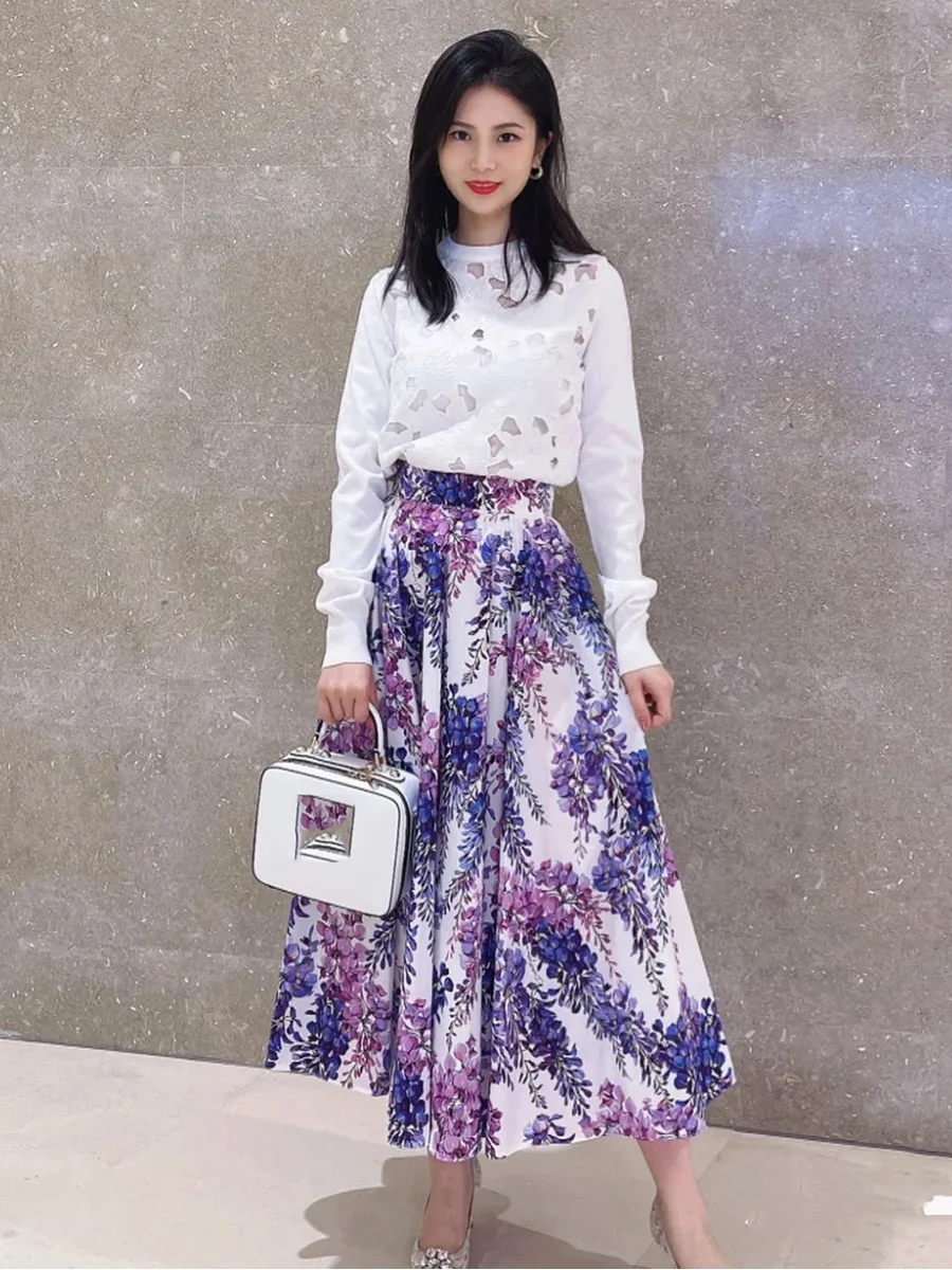 Casual women's pleated loose skirt fashion hydrangea print A-line skirt   falda plisada saias femininas chifon skirt