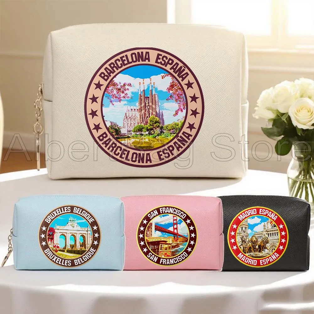 

Barcelona Madrid Brussels Los Angeles San Antonio City Round Emblem PU Cosmetic Bag Makeup Case Waterproof Toiletry Storage Bag