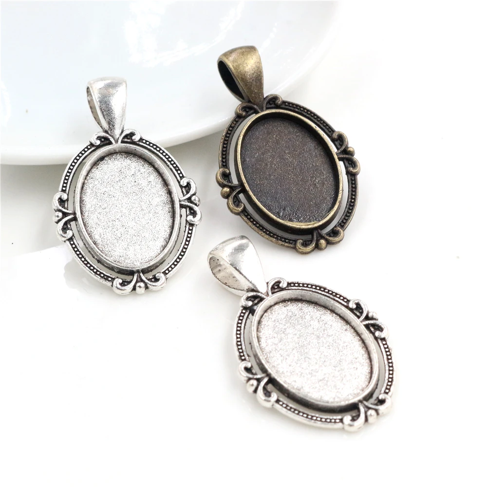 10pcs 13x18mm Inner Size Antique Silver Plated Bronze Flower Classic Style Cameo Cabochon Base Setting Pendant necklace findings