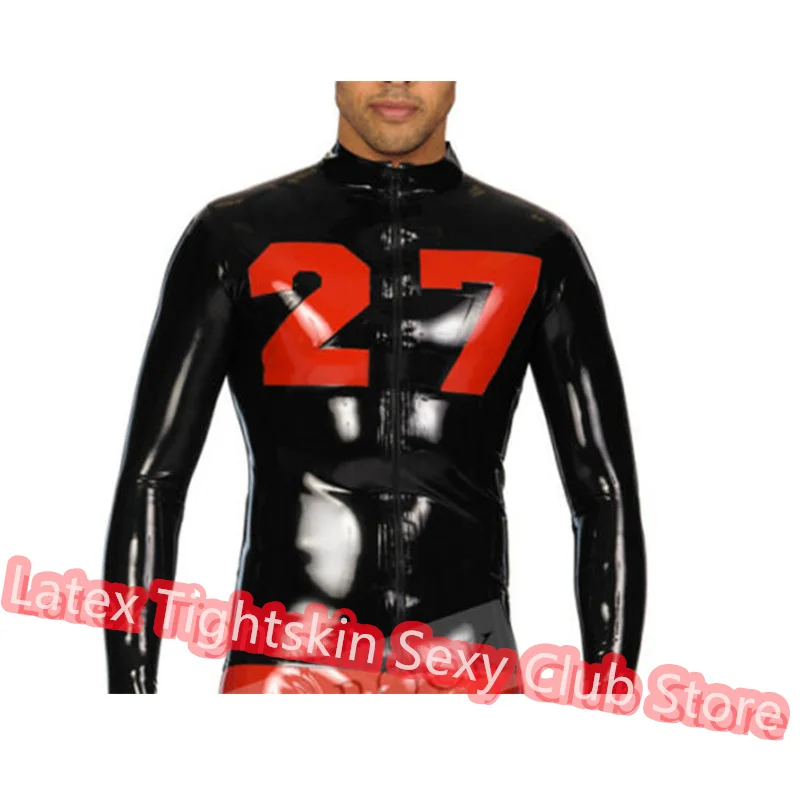 

Handmade Men Latex Top Front Zip T-Shirt Long Sleeves Shirt Man Sexy Tops Rubber Suit Black with Red Cosplay Costume