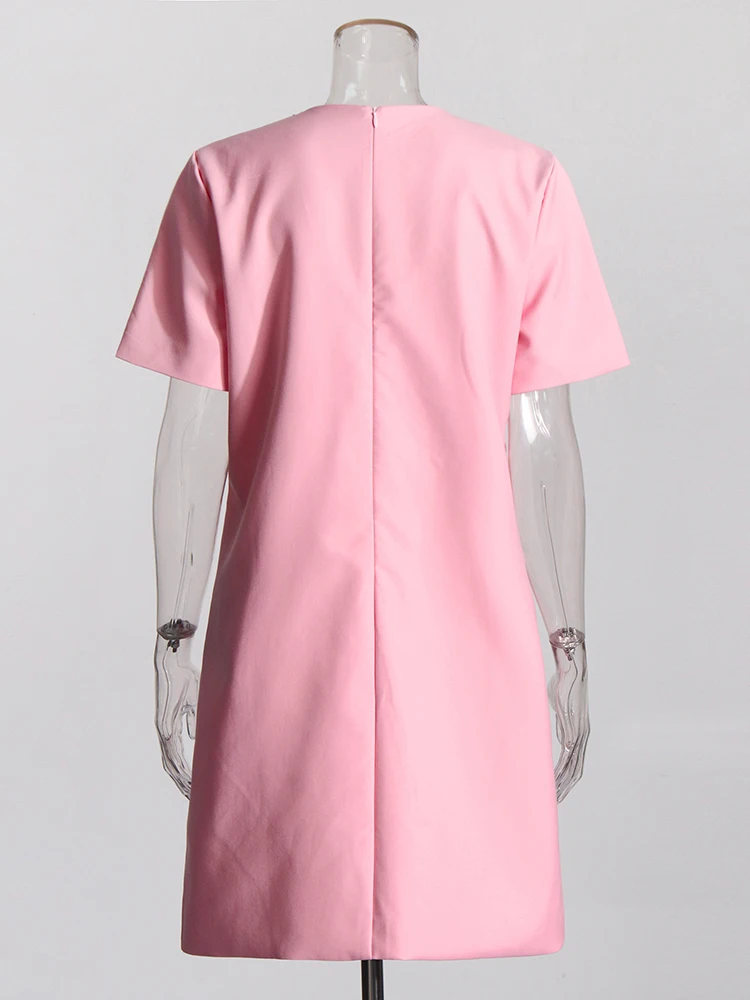 TWOTWINSTYLE Spliced Zipper Elegant Dresses For Women Round Neck Short Sleeve High Waist Solid Patchwork Diamonds Dress Female
