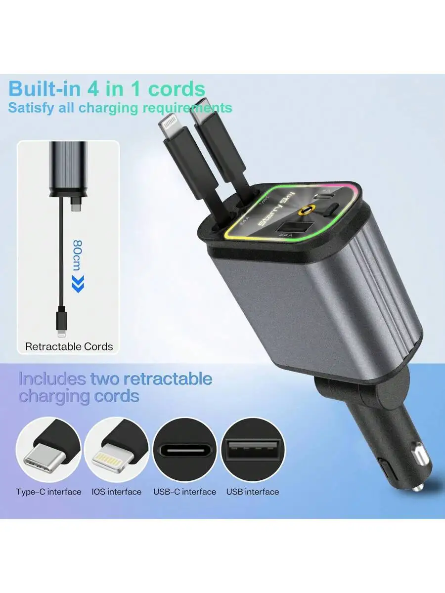 

66W 4-In-1 Retractable Car Charger With Color Breathing Light, Type-C Lightning USB Ports For iPhone Android