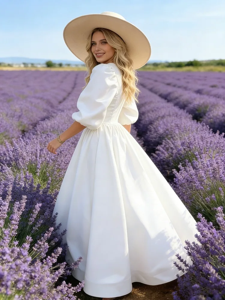 

Vintage Juniors Bridesmaid Dress for Wedding Party Bubble Sleeves Pleated Satin Prom Dress Floor Length Customized Evening Gown