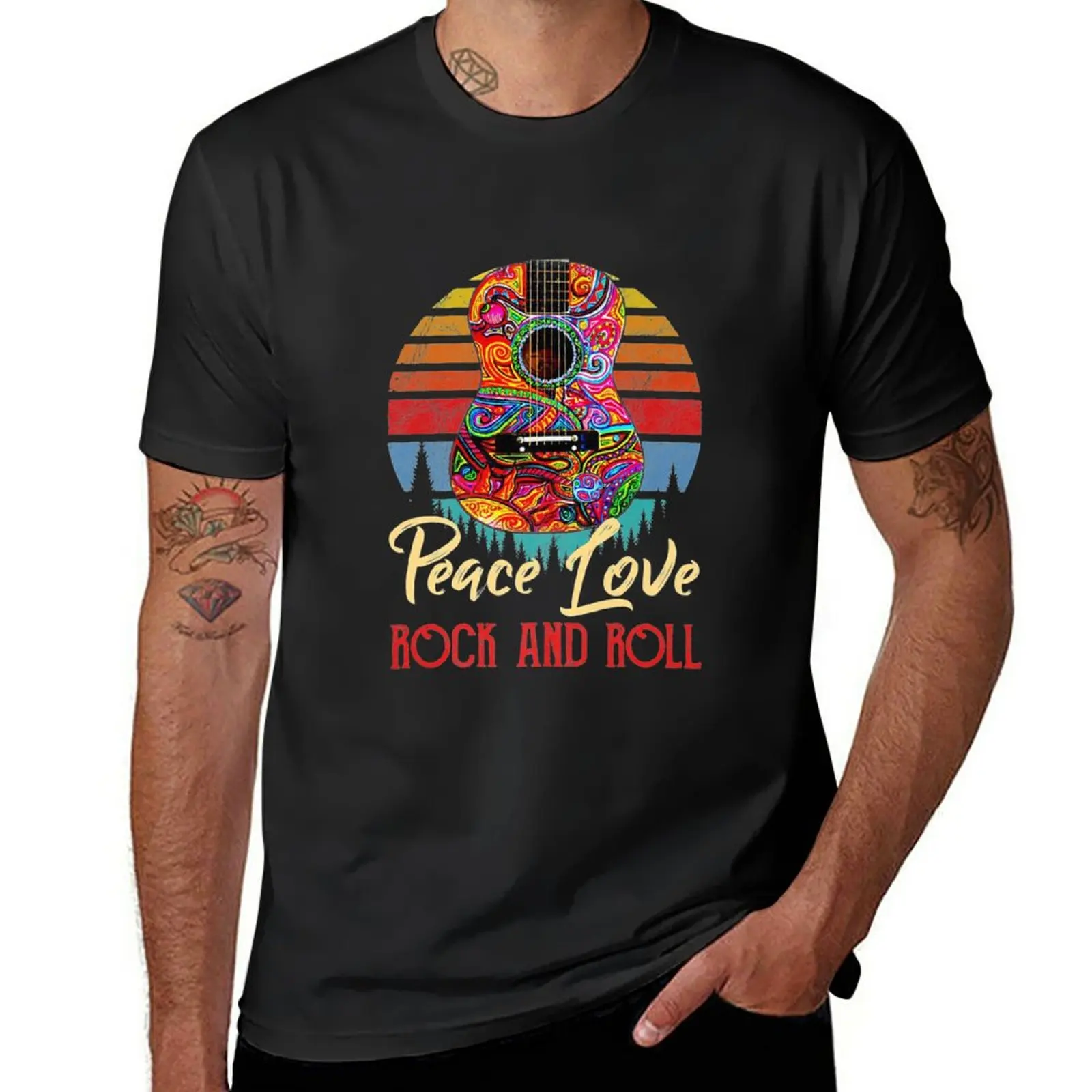 New Vintage Peace Love Rock And Roll Guitar Tshirt Hippie Gifts T-Shirt black t shirt plain white t shirts men