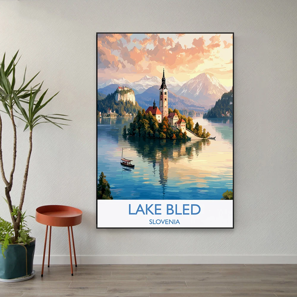 Lake Bled Travel Poster Slovenia City Travel Print of Lake Bled Colorful Watercolor Minimal Prints Canvas Painting Home Decor