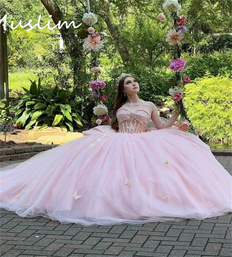 Gaun kupu-kupu mewah merah muda Quinceanera 2023 Debutante Vestido De Xv aultros putri Meksiko manis 15 gaun ulang tahun elegan