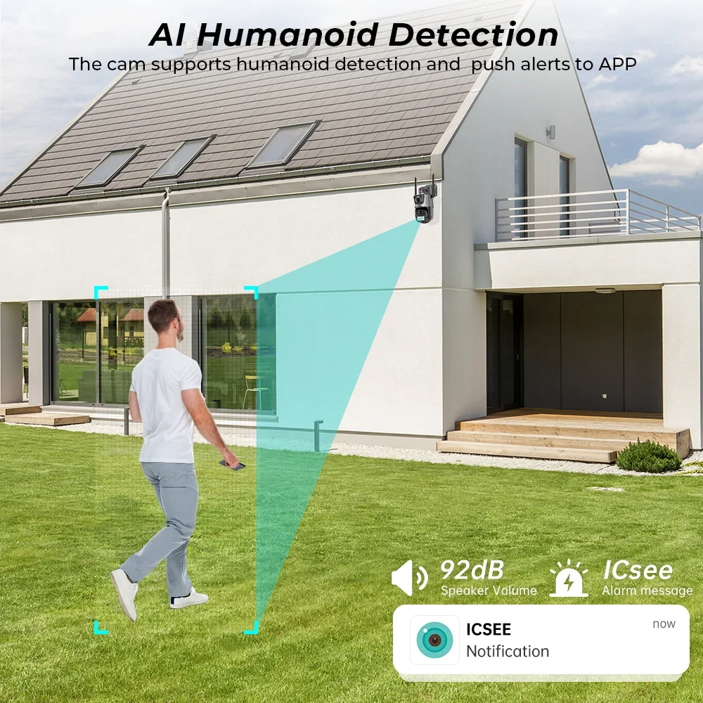 Câmera de CCTV de lente tripla ao ar livre, monitoramento de segurança doméstica, alerta automático, tela dupla, WiFi, PTZ, 8x Zoom, PTZ, 4K, 8MP