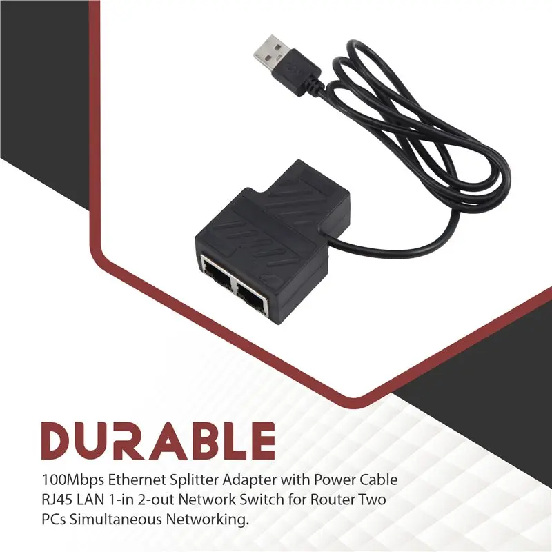Superior 100Mbps Ethernet Splitter Adapter With Power Cable RJ45 LAN 1-In 2-Out Network Switch For Router Pcs Networking