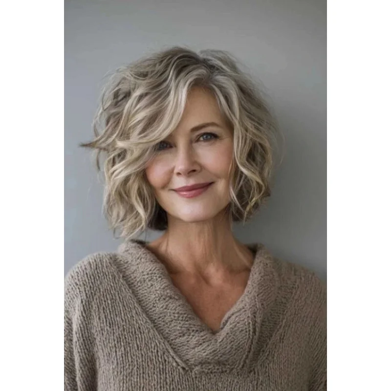 New Fashion Womens Short Brown Mix Blond Wavy Wigs 12 Inch