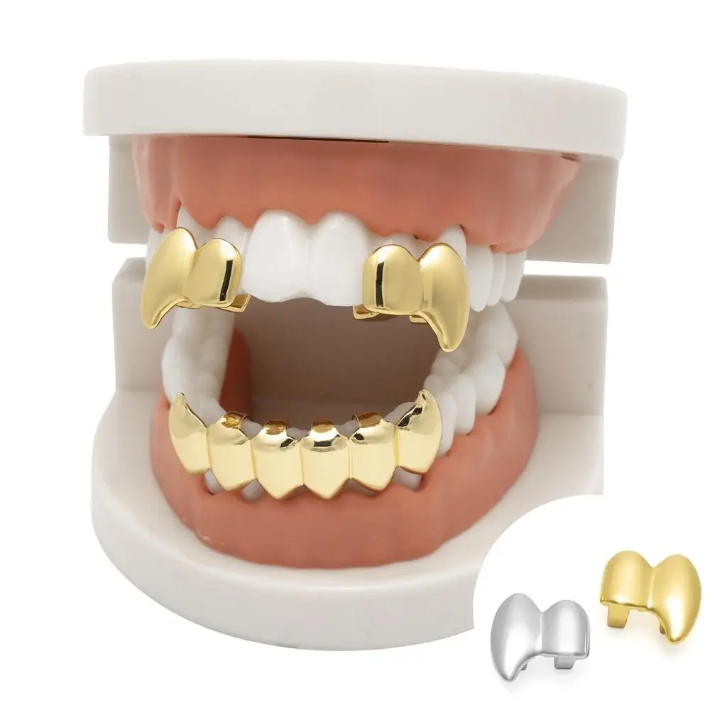 2 قطعة/المجموعة مزدوجة لامعة الهيب هوب الأسنان الشوايات الذهب الفضة اللون مجوهرات بسيطة الفم الأسنان Grillz هالوين هدية سحر الأسنان قبعات