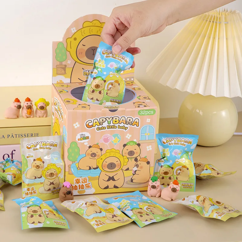 32 Pcs/Box Cartoon Cute Capybara Surprise Bag Eraser Stationery Student Supplies Stationery Wholesale