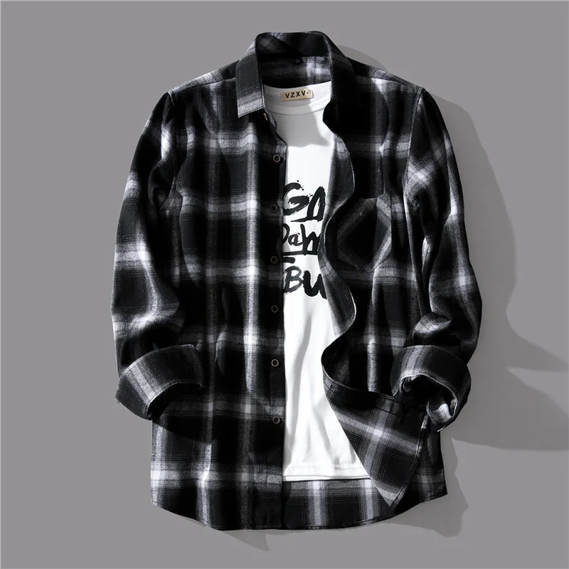 Men\'s Korean Fashion Black White Plaid Shirt Loose Long-sleeved Casual Handsome Tops Shirts And Blouses