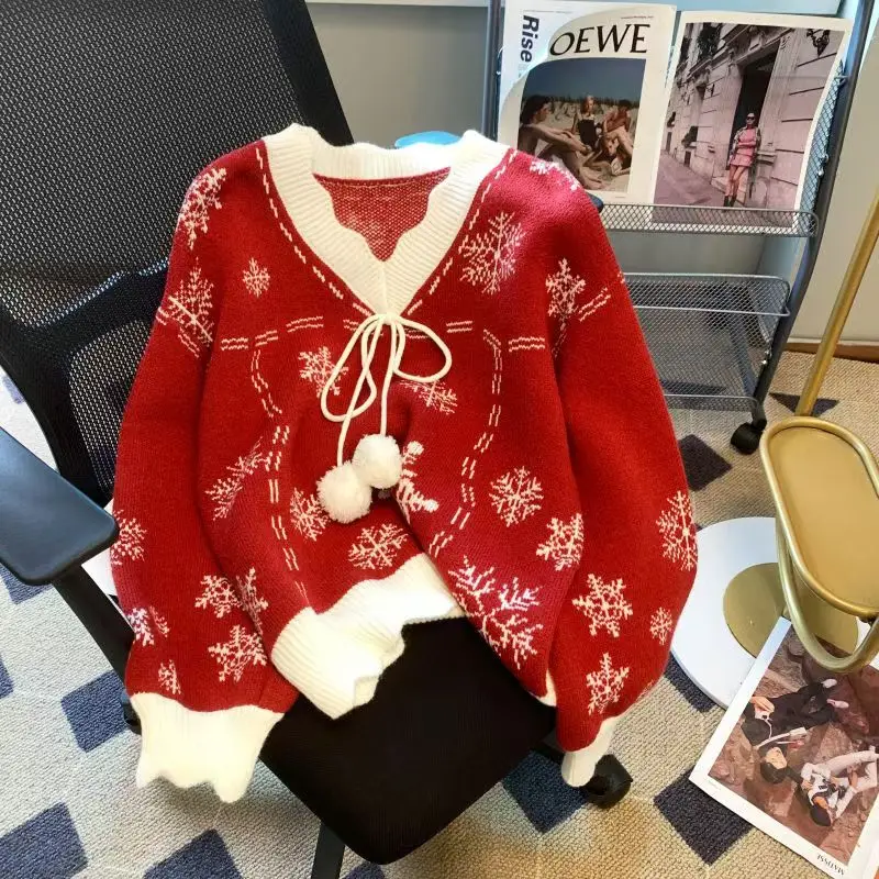 Christmas Snowflake Sweater Women Jumper Bow V Neck Long Sleeve Knitted Sweater Winter Pullover Tops Korean Fashion Sweater New