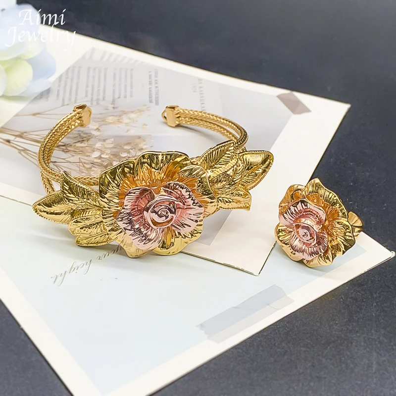 Vintage Flower Golden Choker 18K Gold Plated Jewelry Set Women Necklace Earring Bracelet Ring African Bridal Wedding Party Gifts image 3