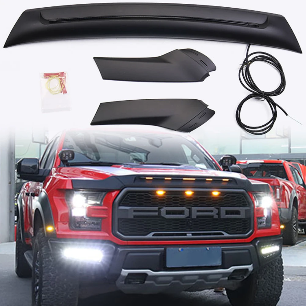 Capó protector contra insectos delantero, capó deflector con luz LED ámbar compatible con Ford F150 2015-2021, no apto para Raptor ni aftermarket F150