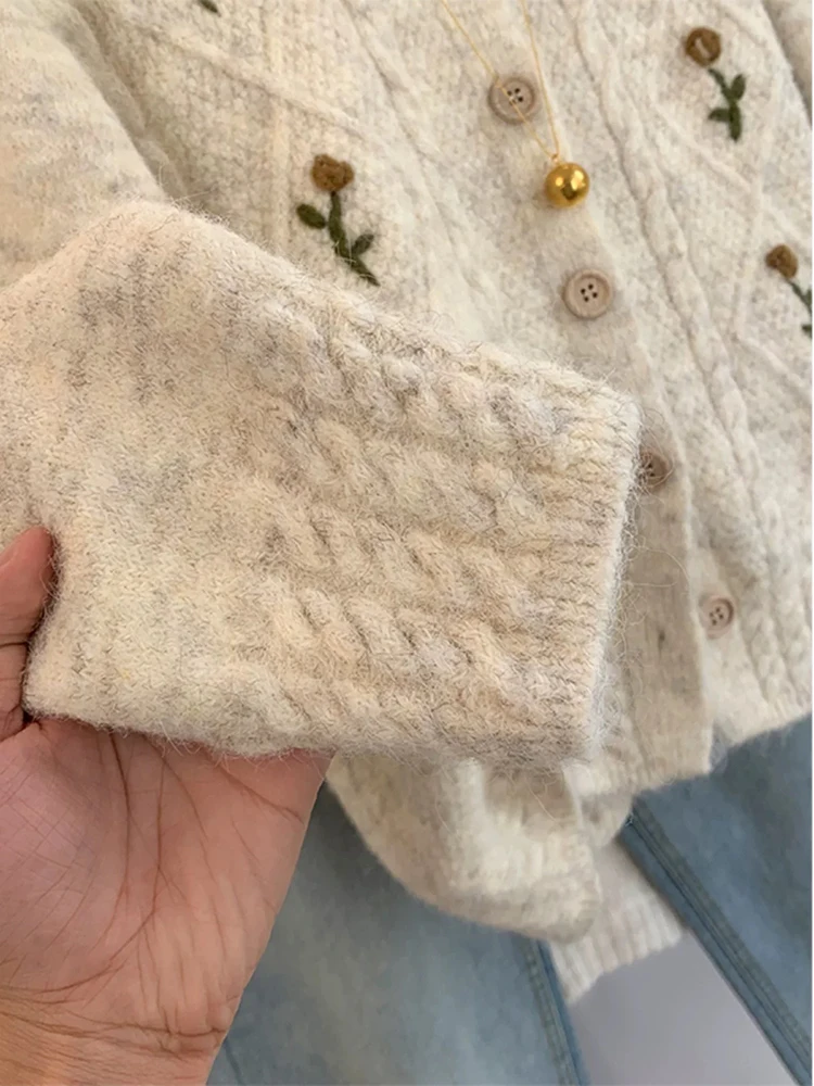O-Neck Knitted Cardigan Women 2024 Autumn Winter New Lazy Style Flowers Embroidery Long Sleeve Sweater Jacket