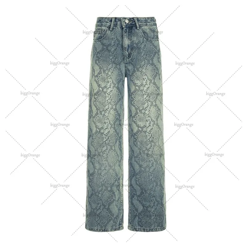 جديد الأمريكية الرجعية Harajuku القوطية الأفعى نمط Y2K الدنيم مثير المرأة عالية الخصر الجينز خمر الشارع الشهير غسل السراويل المستقيمة