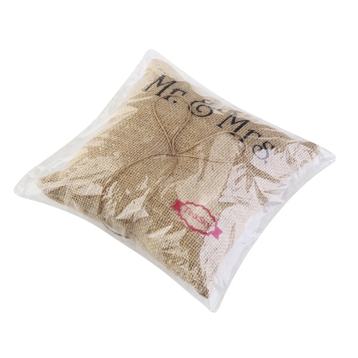 Wedding Ring Pillow Handmade Burlap Jute with Twine Bow Mr Mrs Printed Rustic Ring Bearer Pillow for Bridal Shower