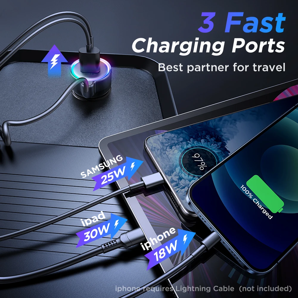 60W 3-Fast Port Super Fast USB C Car Charger PD& QC3.0 with 5ft 30W Super Fast Type C Coiled Cable Car Charger for Samsung iPhon