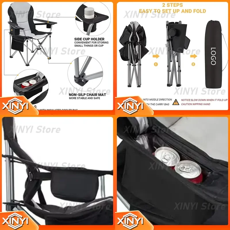 Folding Beach Chair with Built-in 4-Can Cooler for Outdoor Camping Picnic Travel Portable Lightweight Reclining Lawn Chair