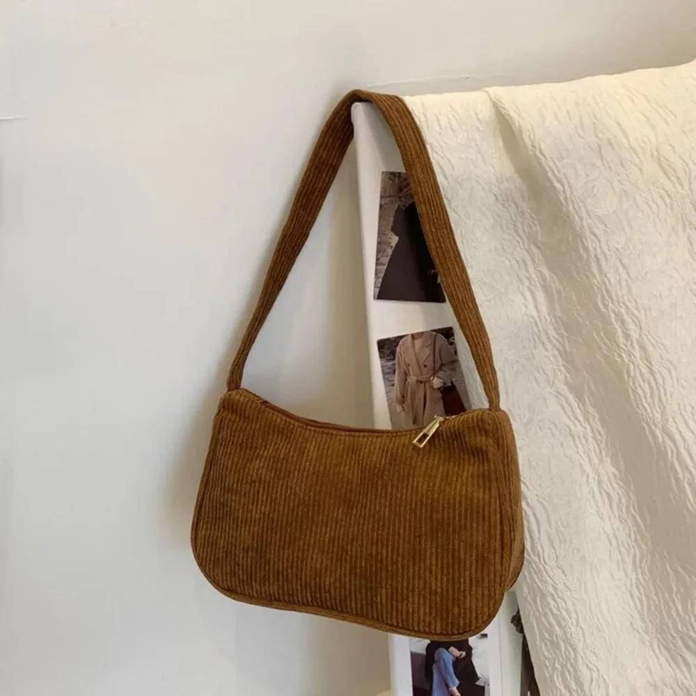 

Casual Solid Color Underarm Bag Corduroy Zipper Small Handbags Adjustable Strap Half Moon Shoulder Bag Women