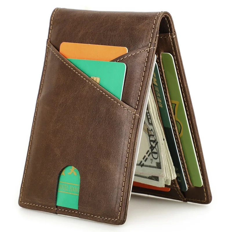 Head Layer Cowhide Theft Brush Multi Functional Clip Credit Genuine Leather Anti Magnetic Bag Card Cover Coin Holder Men Wallets
