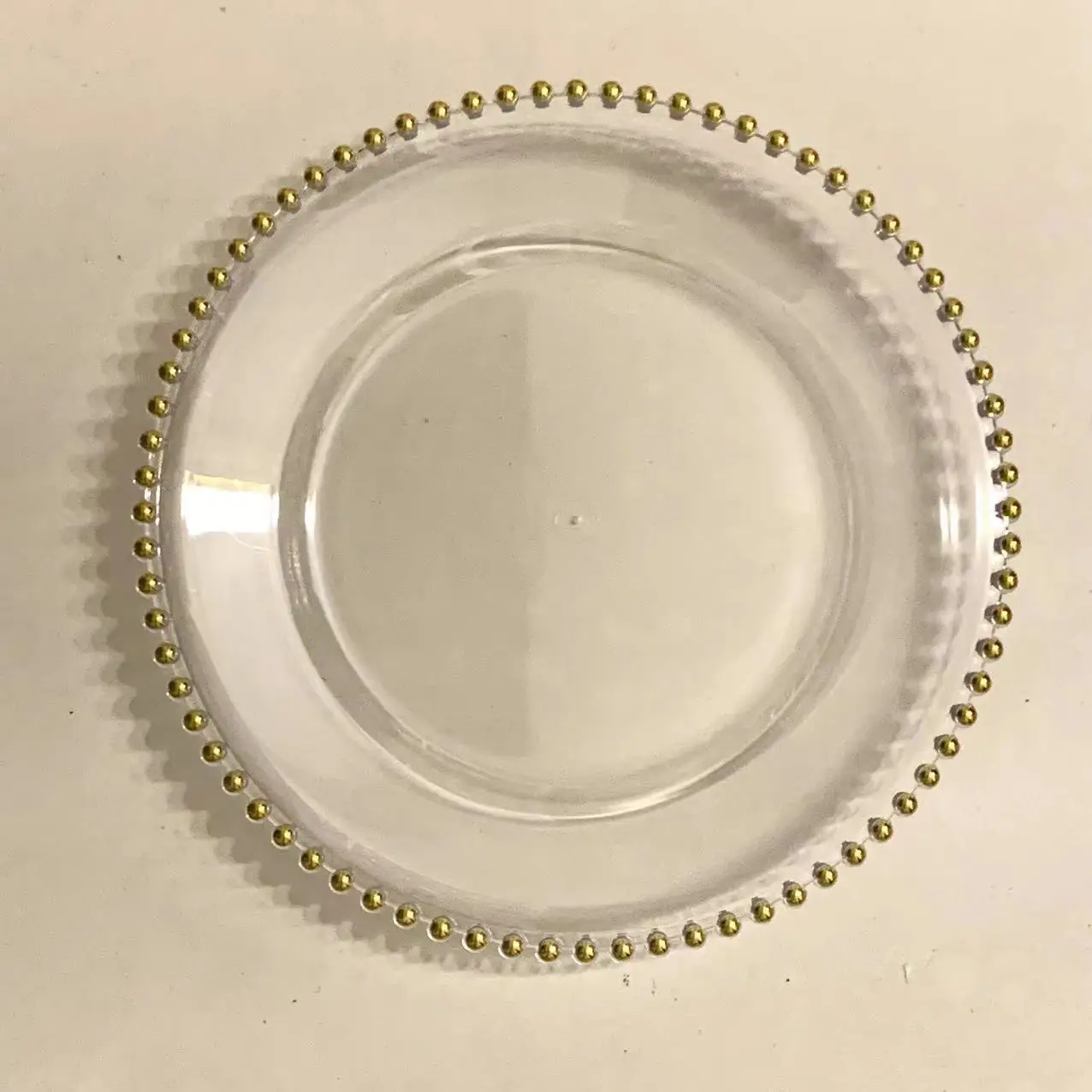 Clear Plastic Charger Plates with Gold Beads, Acrylic Wedding Party Decor, Christmas Service Plate, 13 Inches, Wholesale