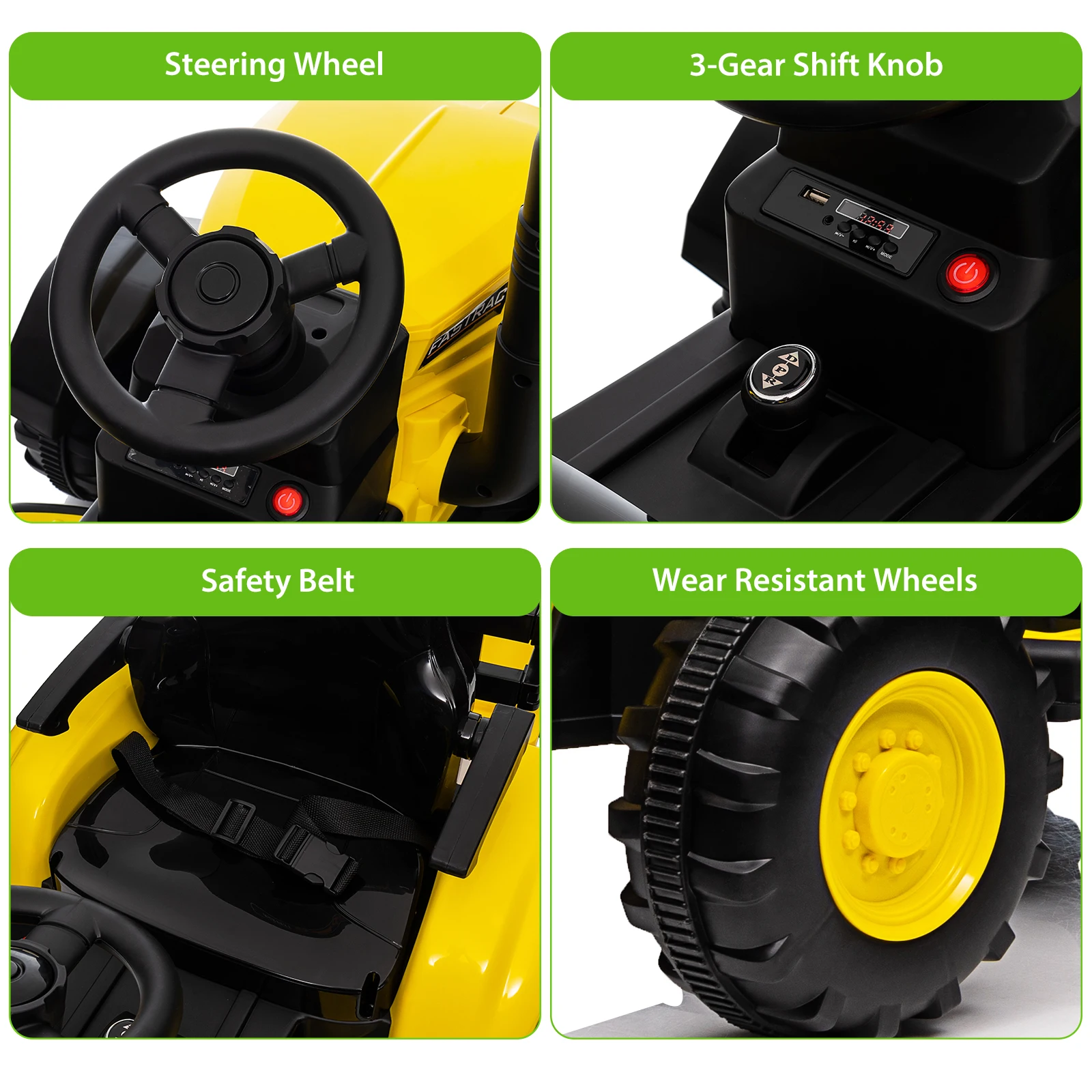 Ciągnik dla dzieci z pilotem zdalnego sterowania, ciągnik elektryczny zasilany bateryjnie 12 V i podwójne silniki 35 W dla dzieci Bluetooth Music/USB