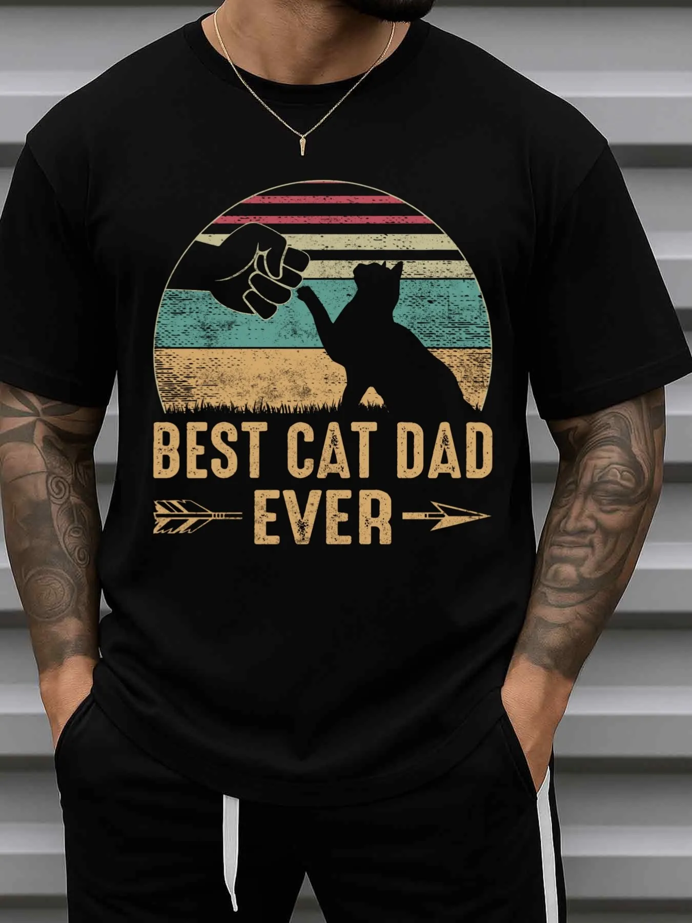 Best Cat Dad Ever Men's T-Shirt - Fun Cat-Themed Short-Sleeve Shirt, Pure 180g Heavy-Duty Casual Style, Father's Day Gift for Dad, Exclusive for Cat Lovers (Black)