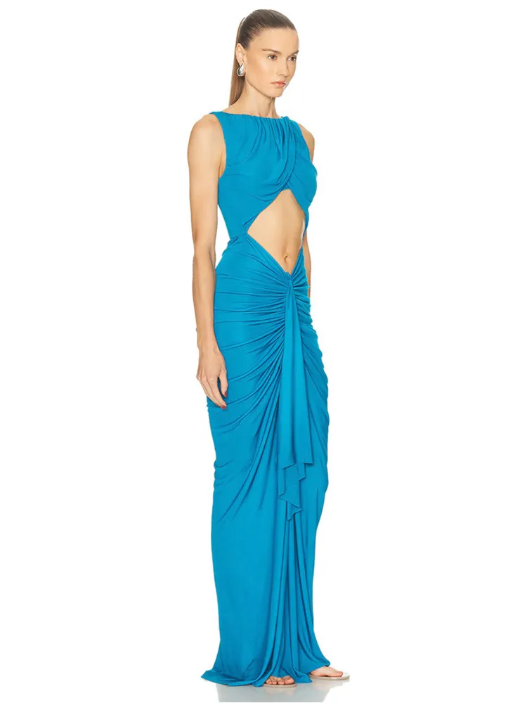 2025 frauen Promi Sexy O Neck Geraffte See Blau Schlüssel Loch Maxi Lange Kleider Kleid Elegante Abend Party Club Vestido