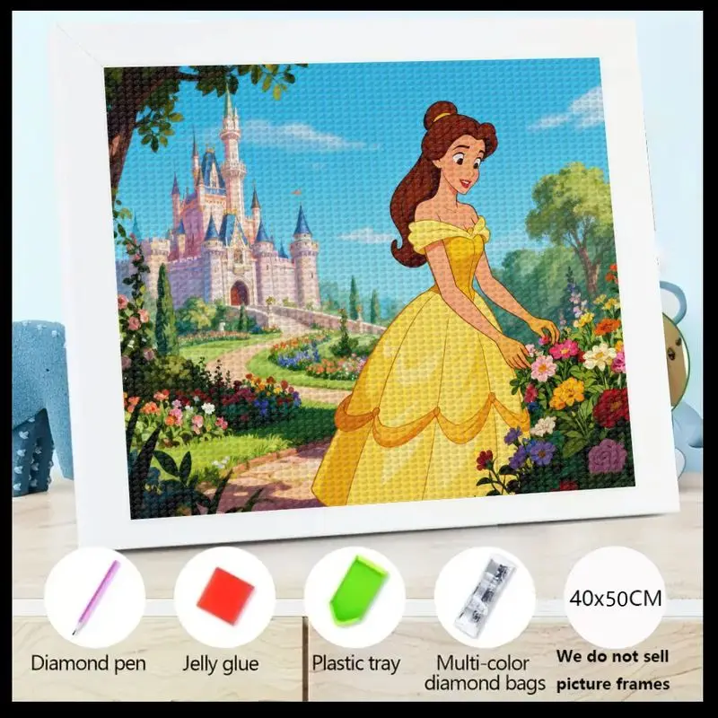 Kit de pintura de diamante 5D DIY, princesa Bella de Disney en jardín encantado con fondo de castillo majestuoso, brillante, 1 ud.