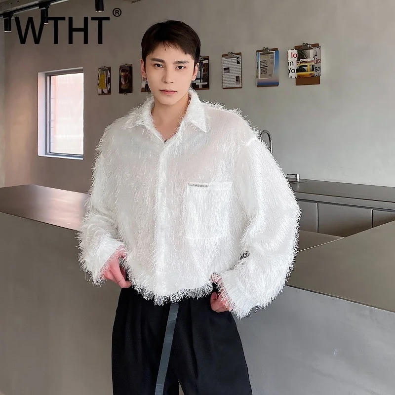WTHT Trendy Men's Solid Color Spliced Letter Tassel Shirts Fashion 2025 Autumn Double Breasted Long Sleeves Tops Male 2A2100