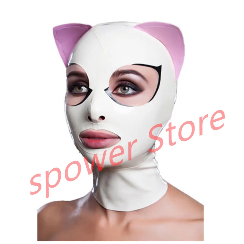 

Natural Latex Full Head Latex Hoods Cat Ear Rubber Mask Fetish Women Cosplay Costumes White with Pink Trim Back Zip Club Wear