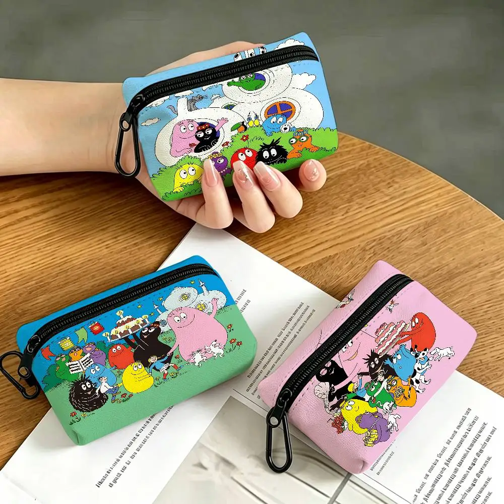 Cartoon Barbapapa Portable Oxford Fabric Mini Wallet Carabiner Design Small Coin Bag For Cards Keys Earphones