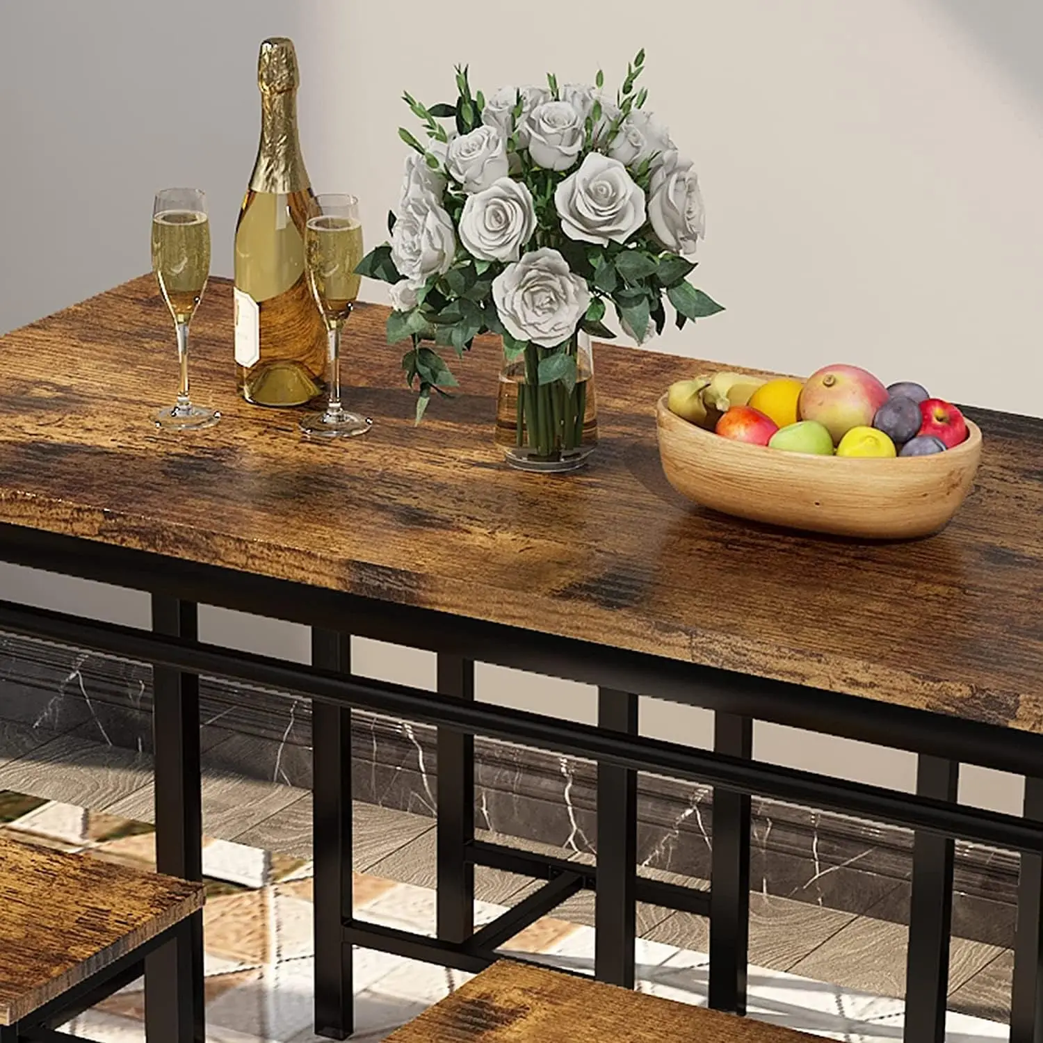 Mieres 5 Piece Dining Table Set For 4, Small Kitchen Bar Table And Chairs For 4, Wooden 47"" Dining Room Table Set With 4