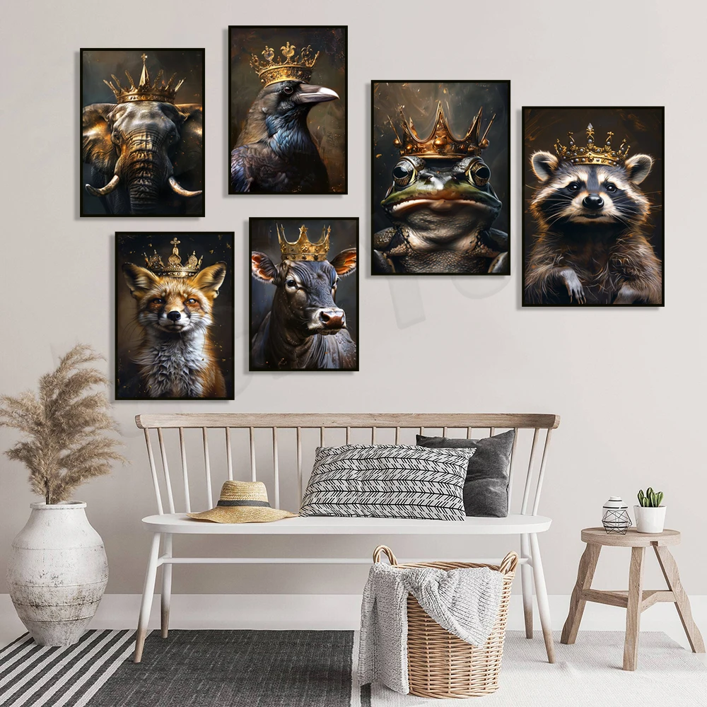 Elephant, cow, fox, giraffe hawk, raccoon, magpie, mouse, king lion crown animal portrait, victorian gothic animal vintage poste
