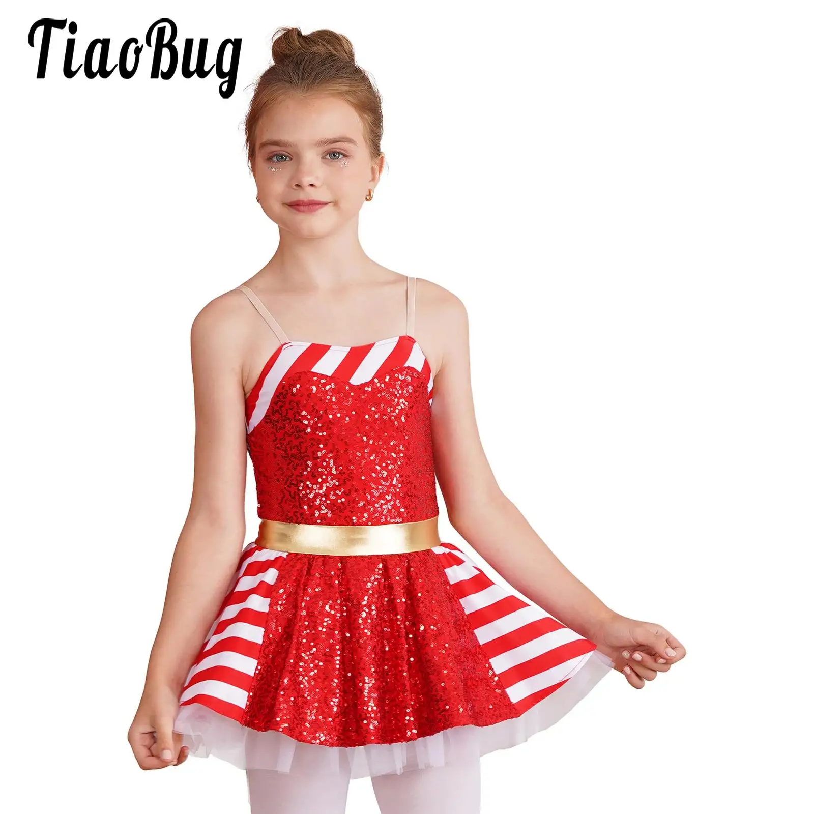 

Kid Girls Sequins Christmas Santa Clause Costume Performance Shiny Sleeveless Striped Tutu Dress Xmas Party New Year Elf Dresses