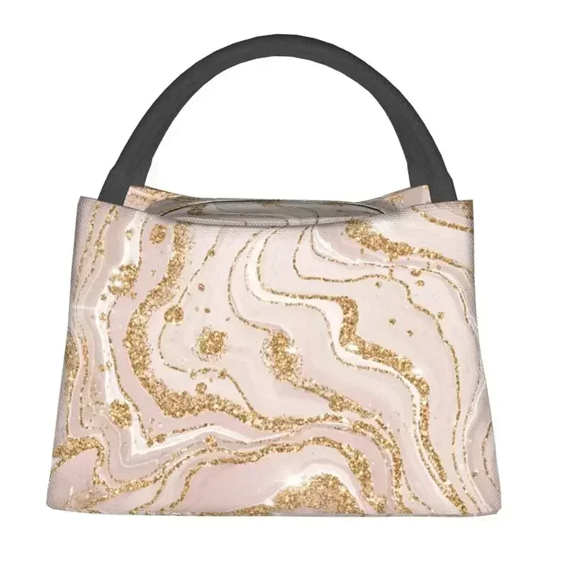 Gold And Cream Marble Pattern Thermal Insulated Lunch Bags Women Geometric Print Portable Lunch Tote Multifunction Meal Food Box