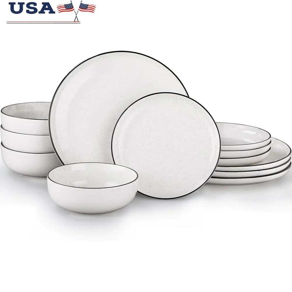 

12 Piece Modern Ceramic Dinnerware Set White Plates Bowls Stoneware Kitchen Dishware Heat Resistant Stackable Durable Event Gift