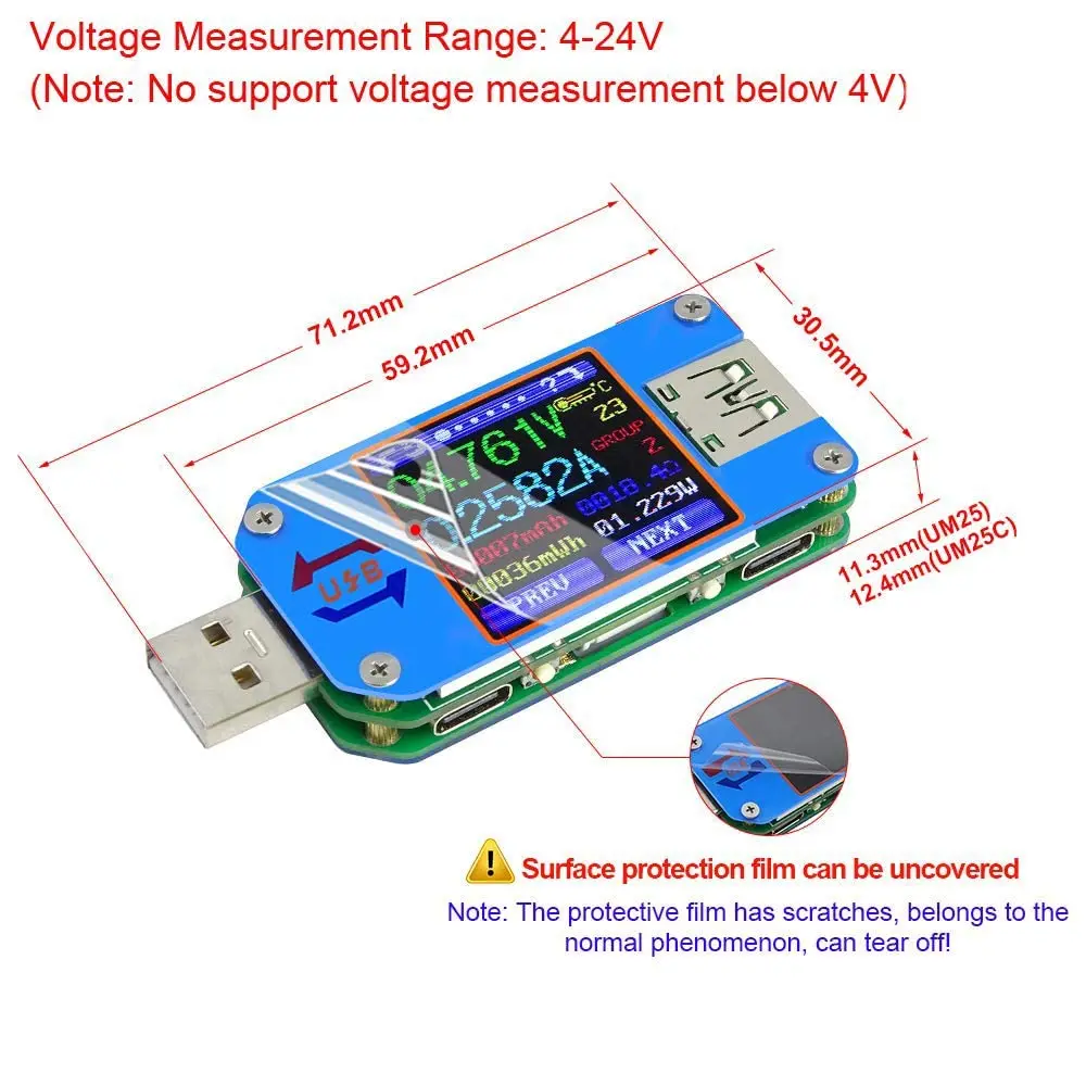 UM25 UM25C Voltage and Current Meter USB 2.0 Type-C LCD Color Display Voltmeter Ammeter Battery Charging USB Tester