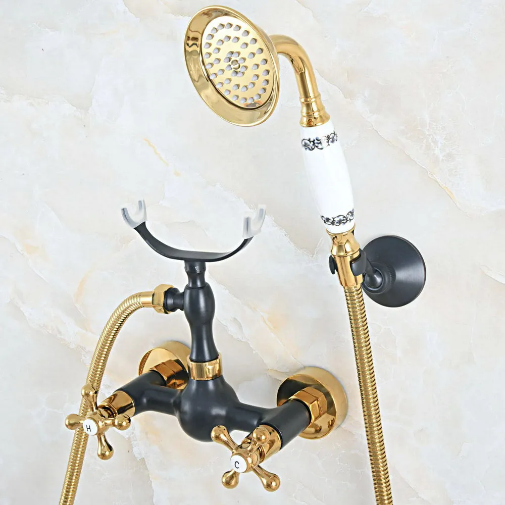 

Polished Gold & Oil Rubbed Brass Wall Mounted Bathroom Shower Faucet Set with 1.5M Hose Handheld Spray Head Mixer Tap Dna532