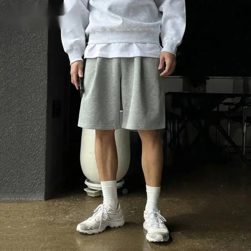 Korean Style Men's Casual Shorts Drawstring Solid Color Wide Leg Pleated Elastic Waist Straight Male Trousers Summer 9WPFKI