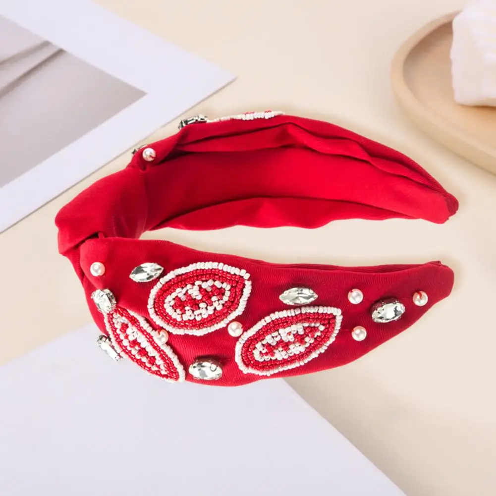 Women Football Knotted Headband Game Day Sports Hairband Faux Pearl Rhinestones Wide Top Knot Hair Hoop Hair Accessories